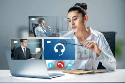 online-meeting-video-conference-concept-with-young-woman-looking-laptop-screen-digital-window-symbols-with-people-pictures-headphone
